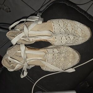 Iris Crochet Espadrille Wedges Size 37 US 6 - 6.5 Ankle Tie Laces Cream Spain